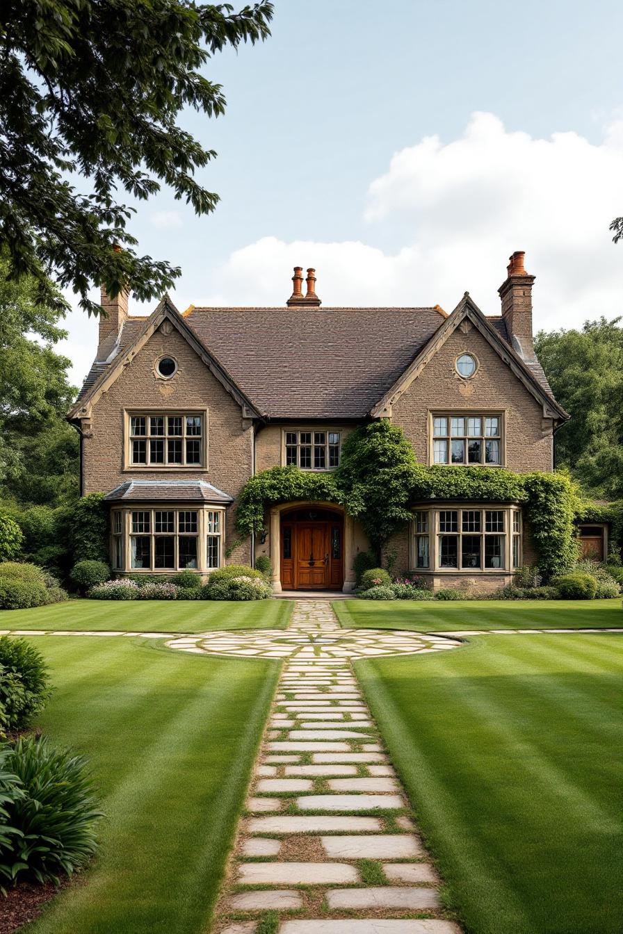 Grand country house with manicured lawn and vines