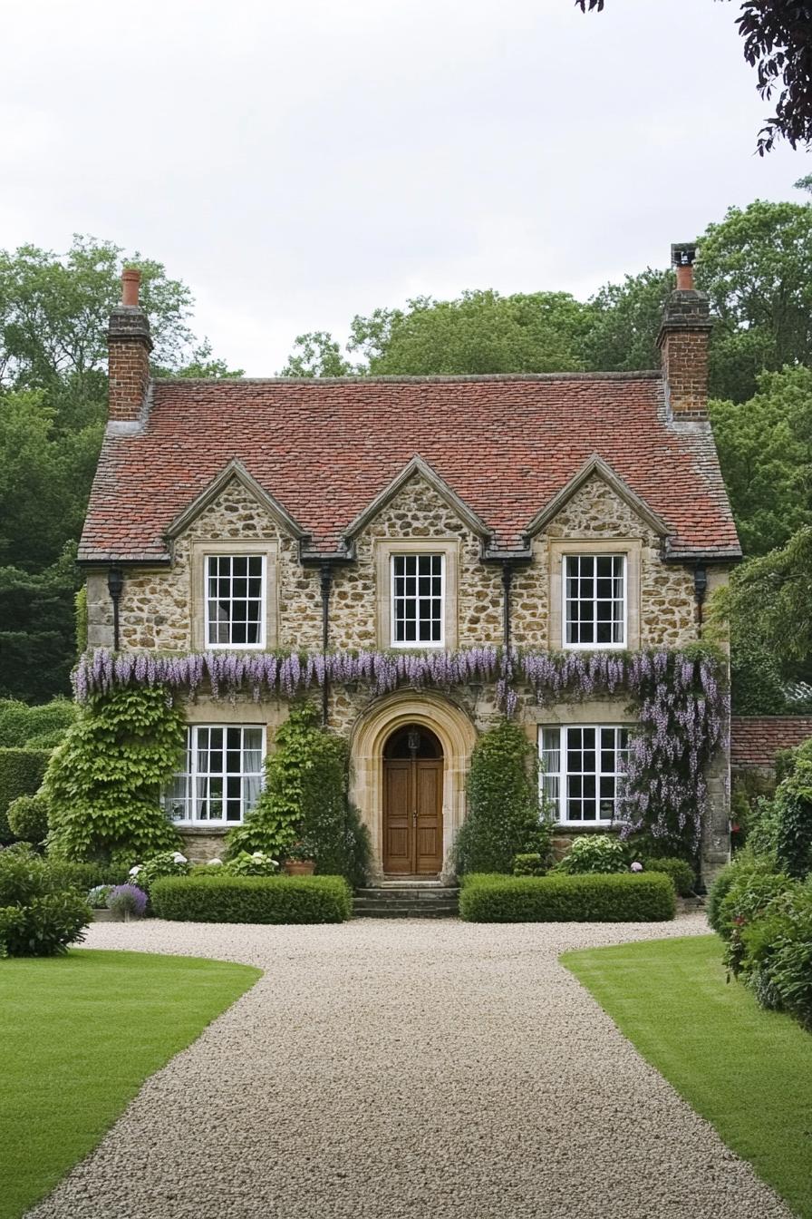 Quaint stone house with red roof and lush vines