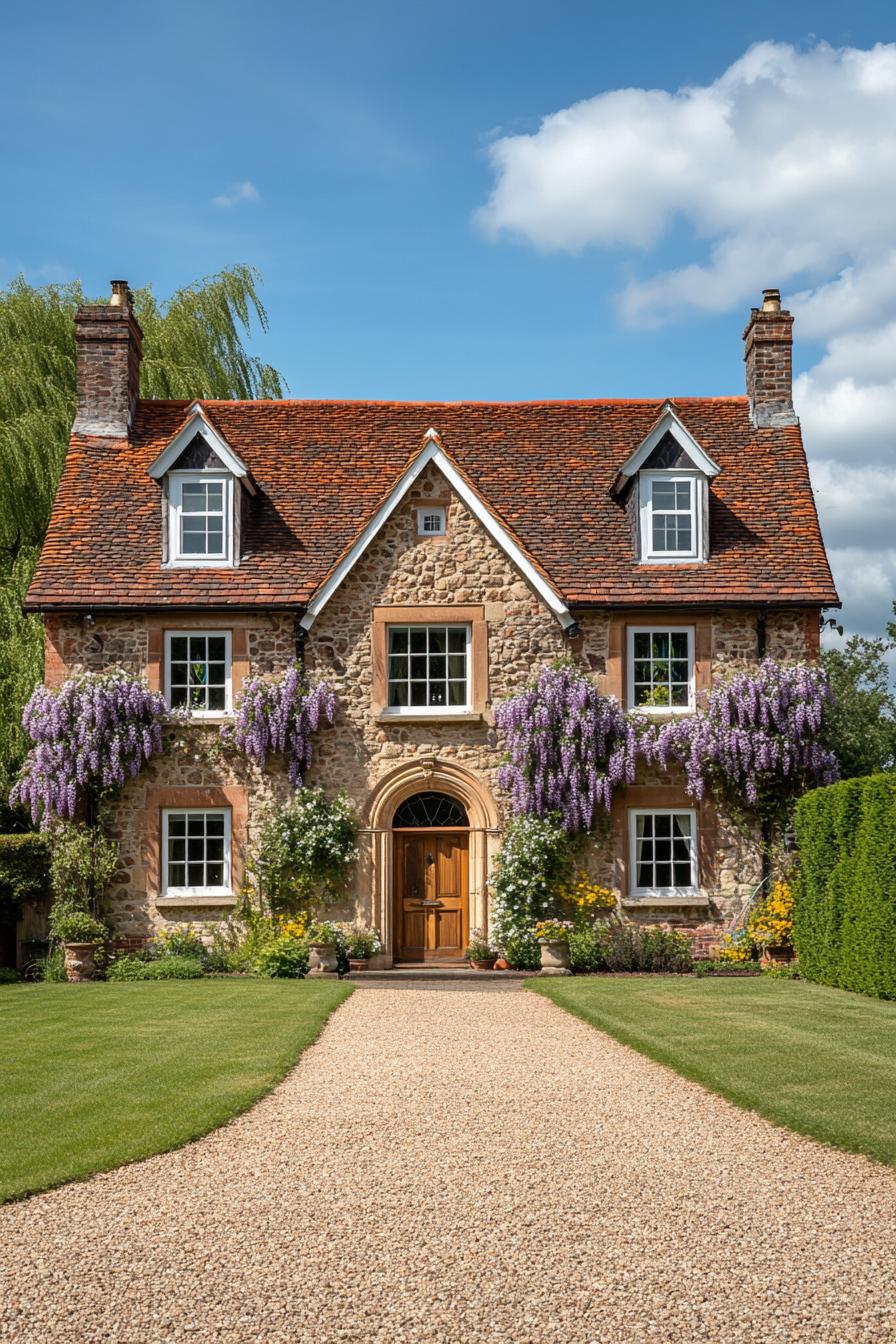 Stone house with wisteria and brick roof