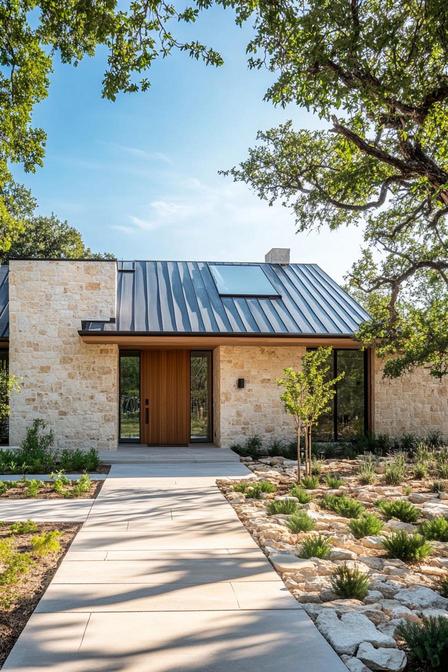 Modern ranch home with a stone exterior and sleek metal roof