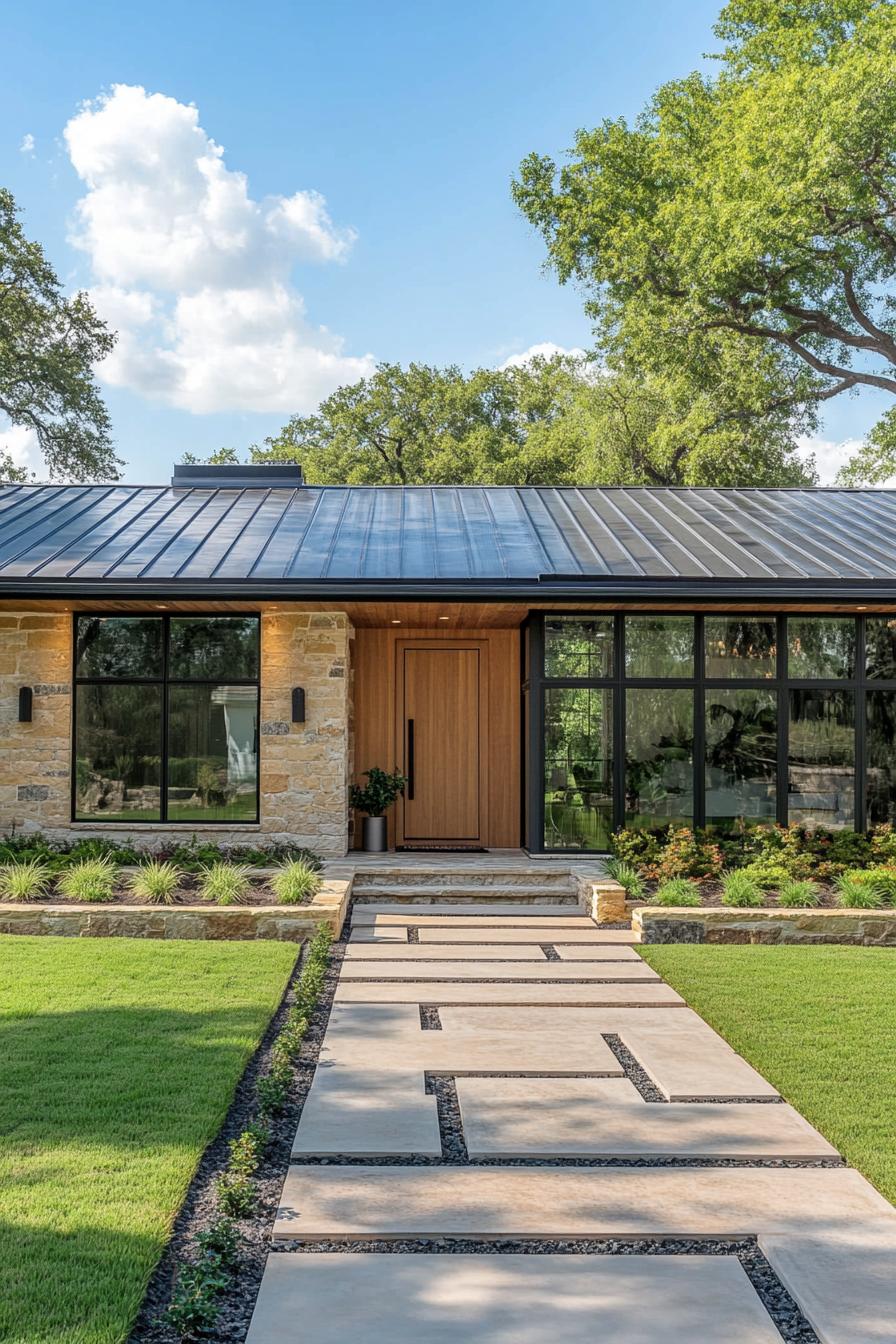 Modern ranch house with stone and glass facade