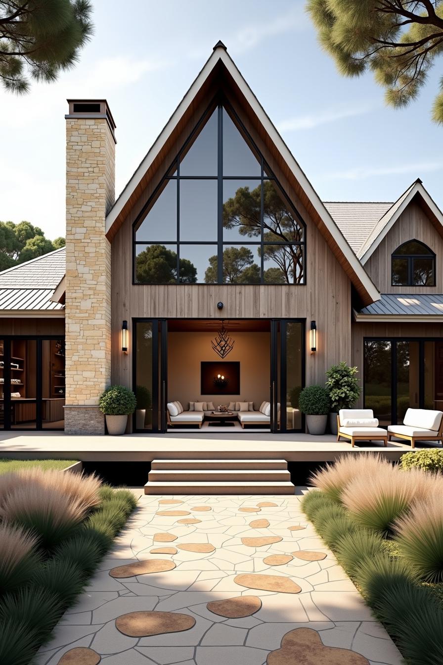 Elegant wooden cottage with stone chimney and large windows