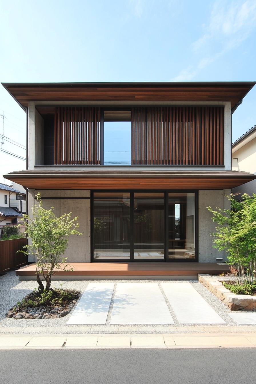 Modern Japanese minimalist house surrounded by greenery