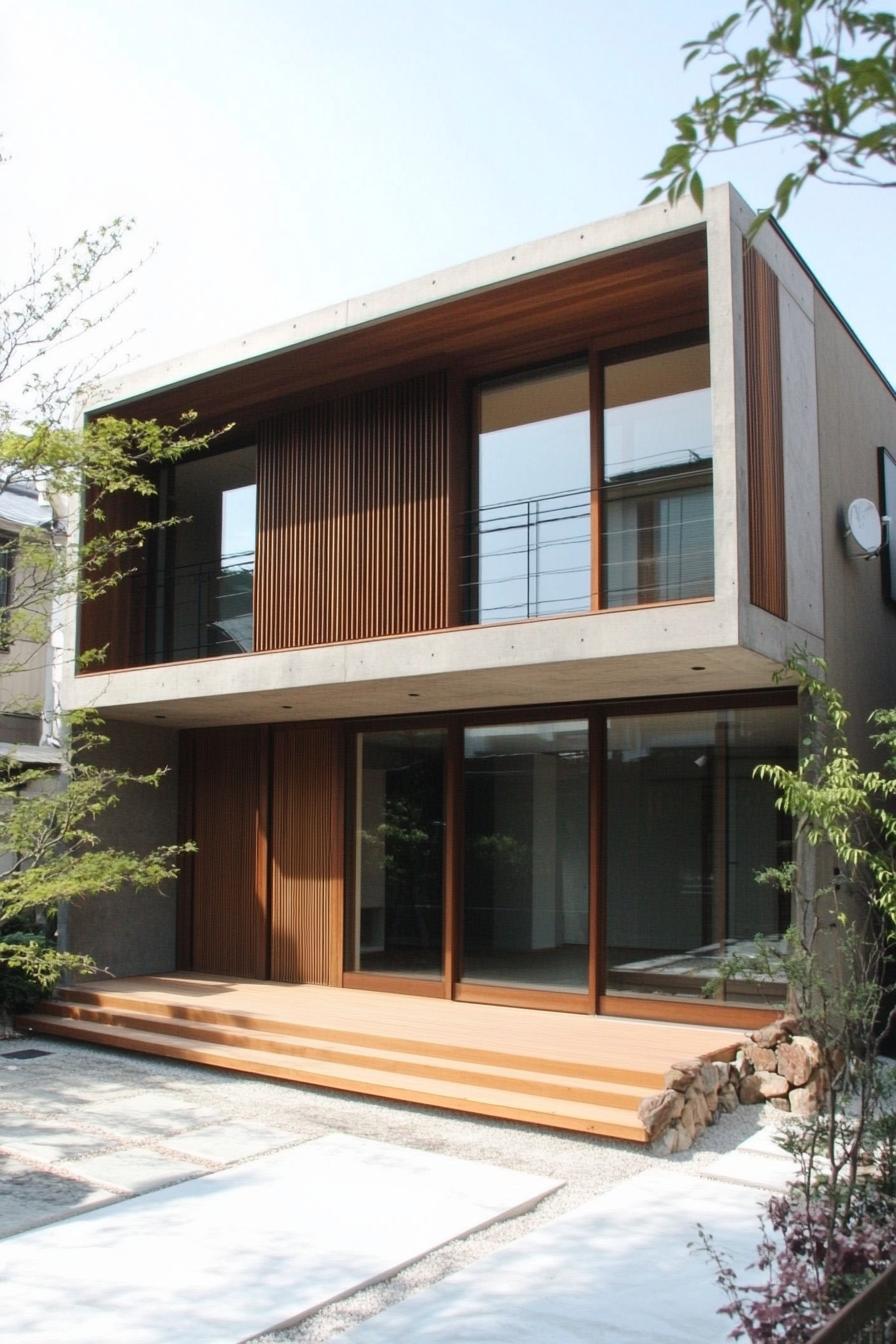 Modern minimalist house with wooden accents and large glass windows