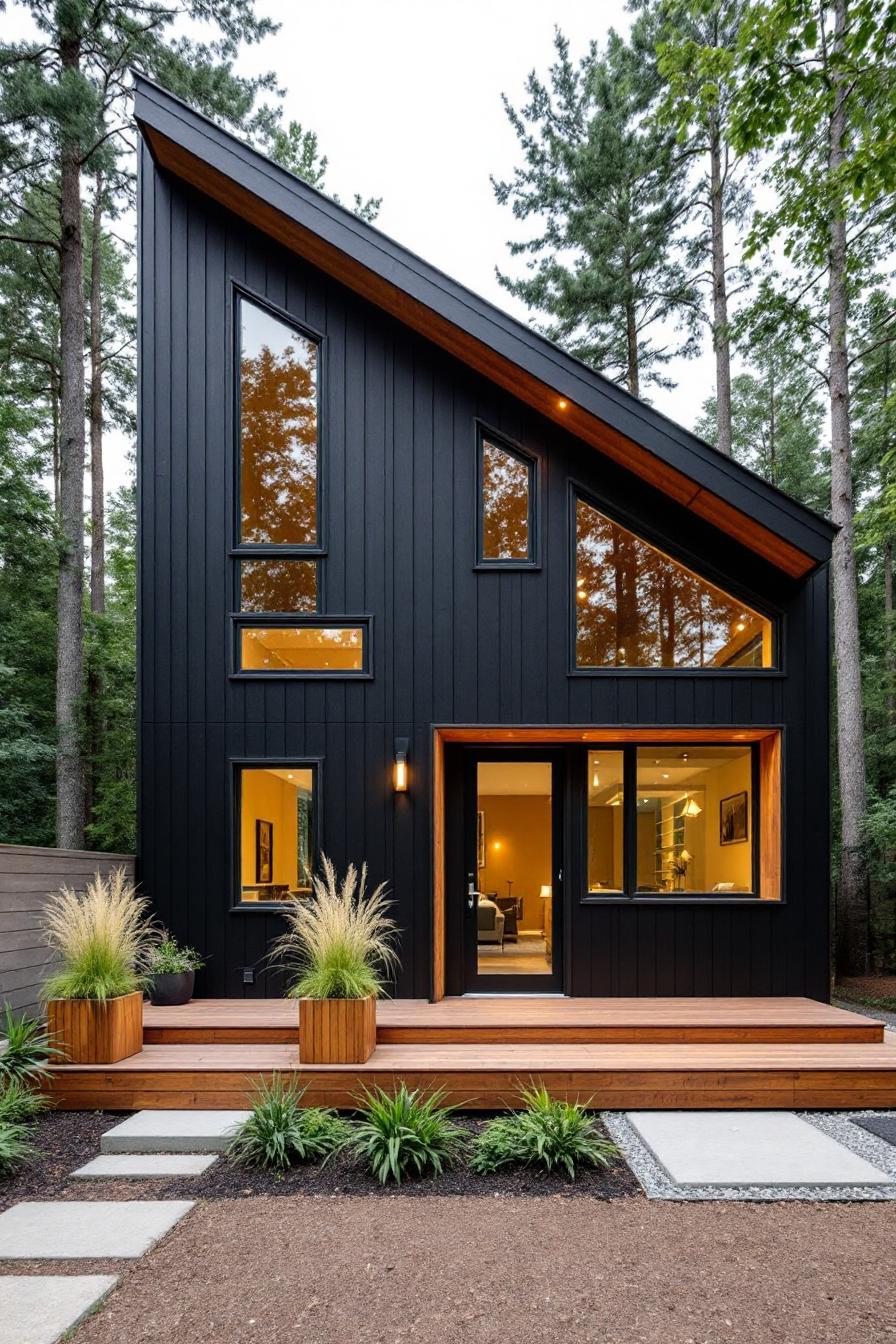 Modern black house with angled roof in a forest setting