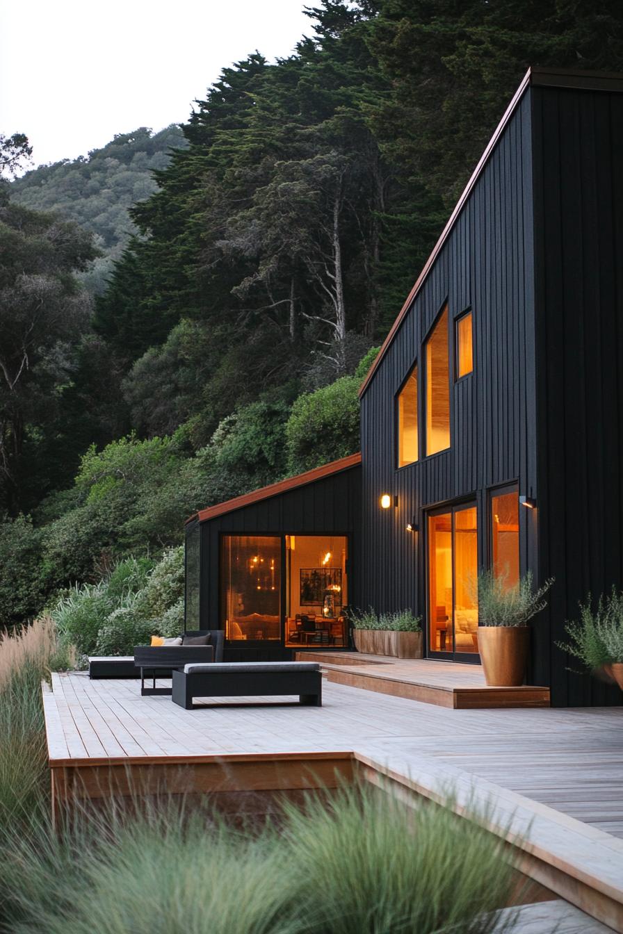 Black modern house with warm lighting and deck in forest setting