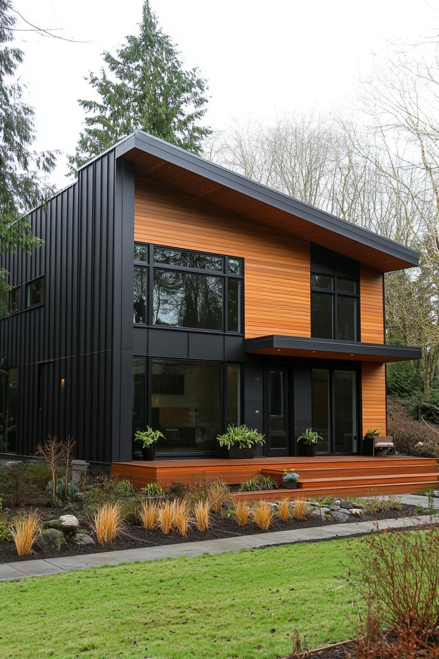 Sleek black house with wooden accents surrounded by trees