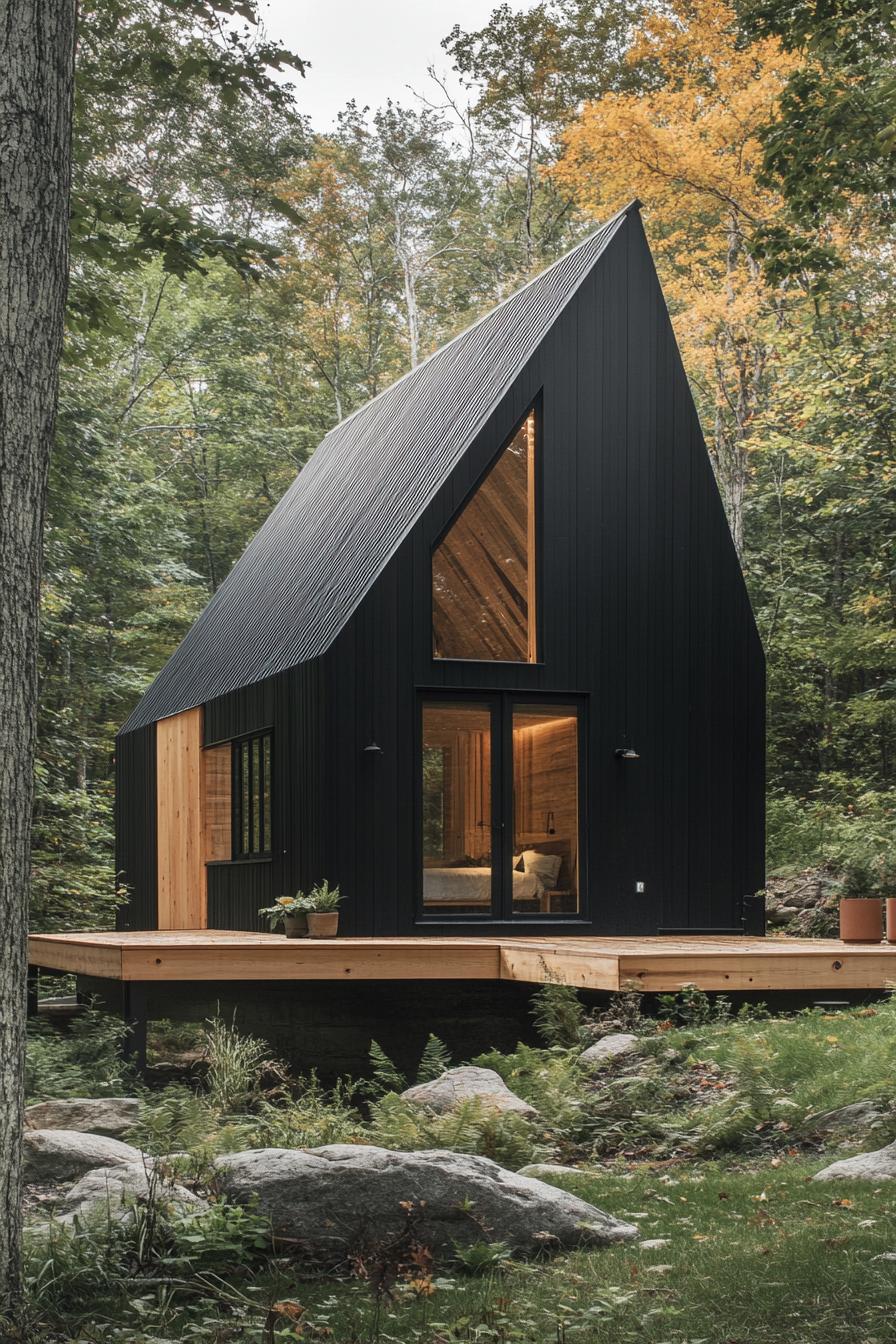 Sleek black house with triangular roof in wooded area