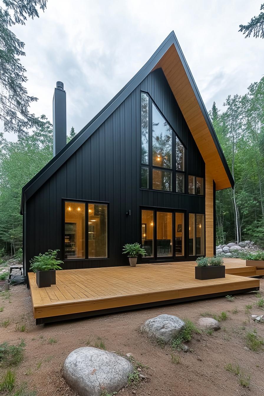 Sleek black house with large windows in a forest setting