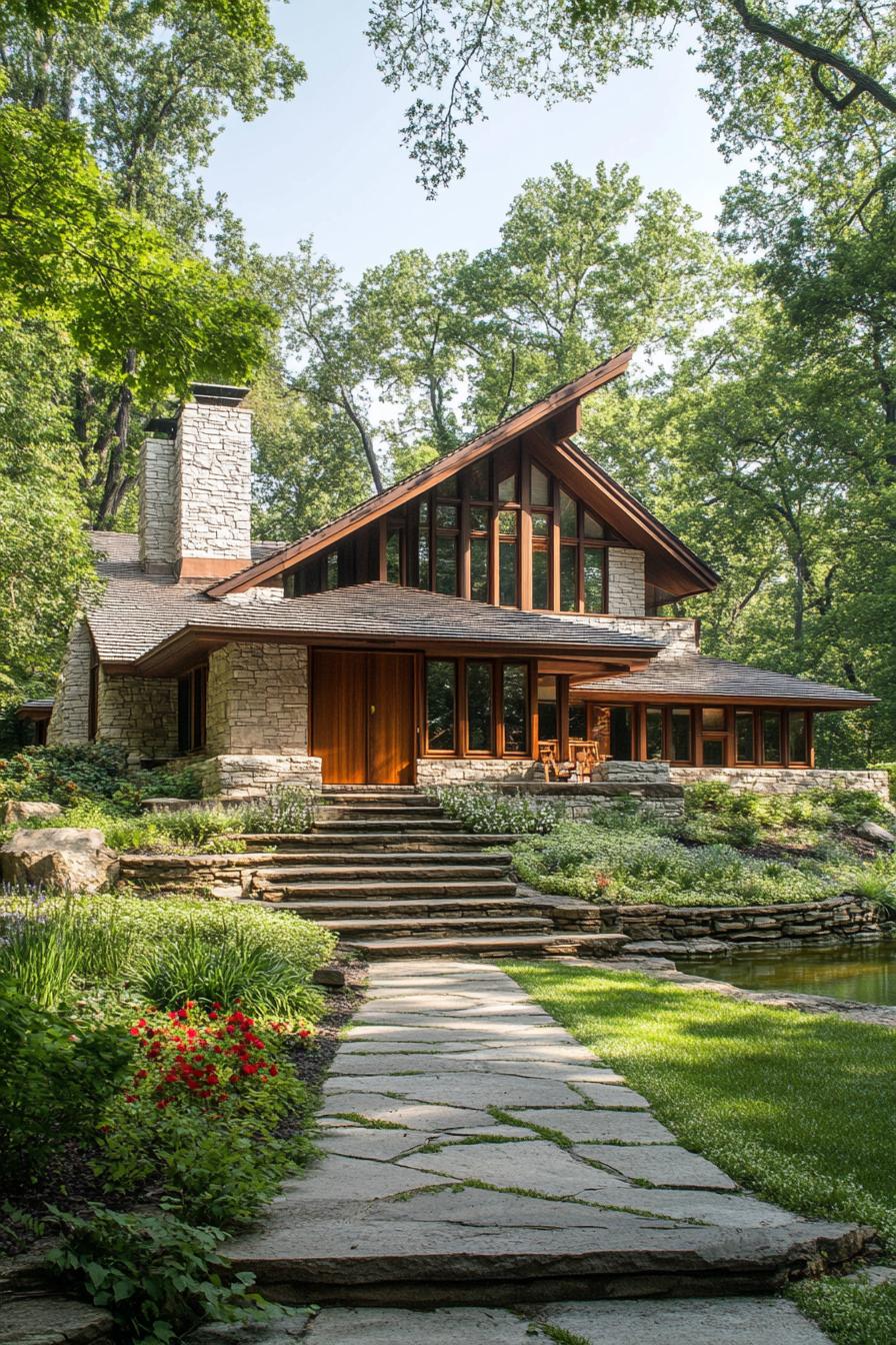 Modern craftsman house with stone facade and lush surroundings