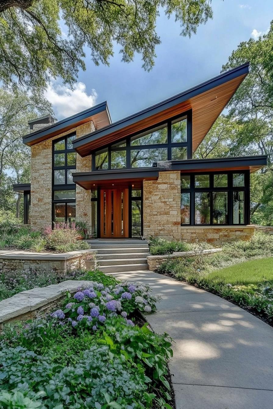 Contemporary craftsman house with angled roof and stone facade