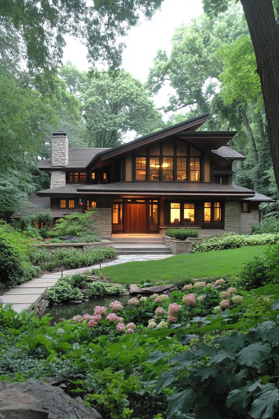 Modern craftsman house surrounded by lush garden