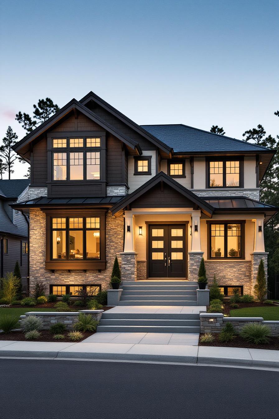 Elegant craftsman house with illuminated windows