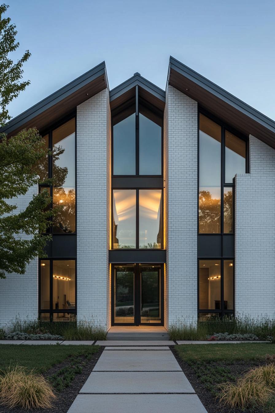 Modern duplex with tall windows and pitched roofs