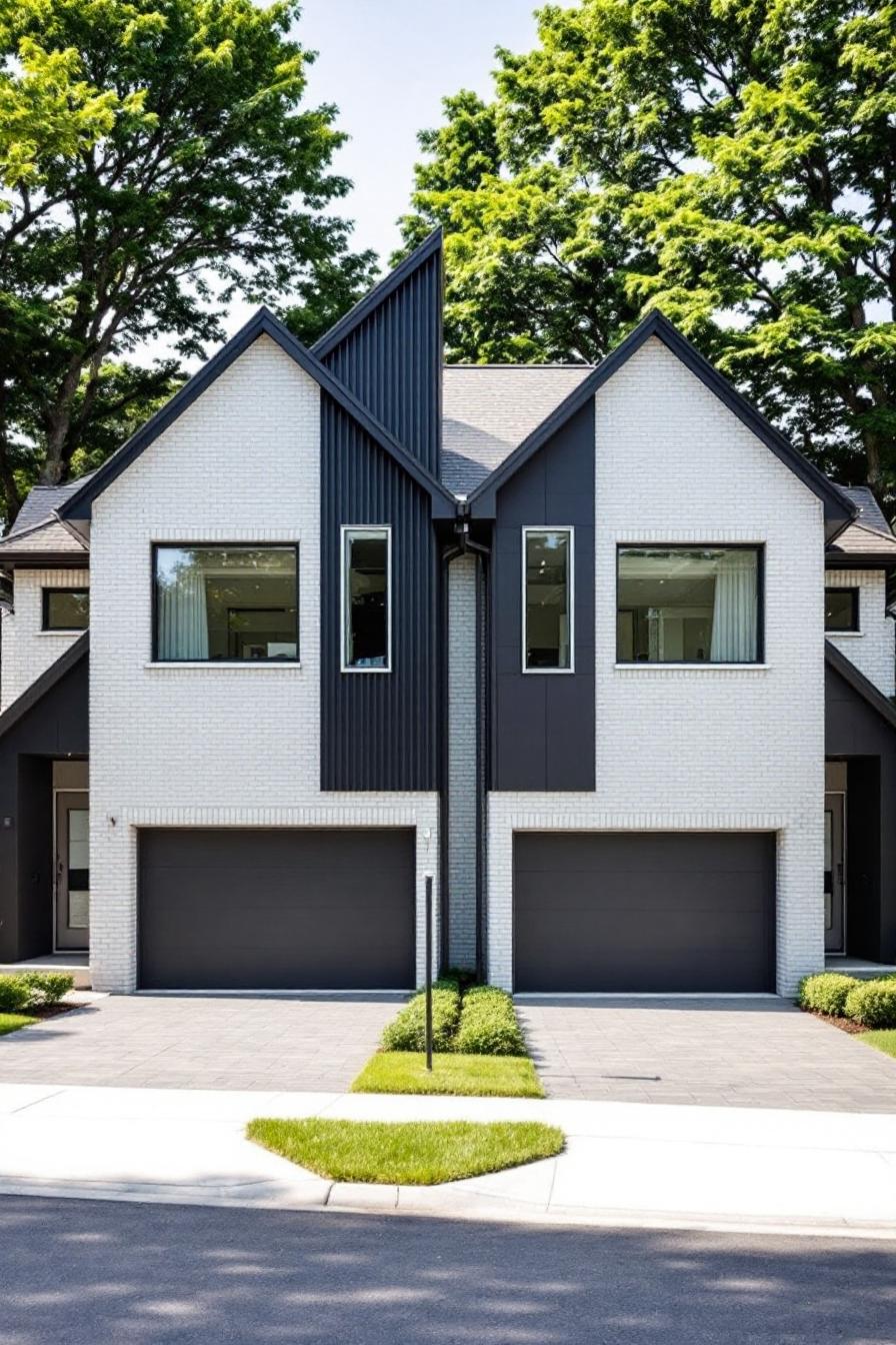 Symmetrical duplex with sleek black and white facade