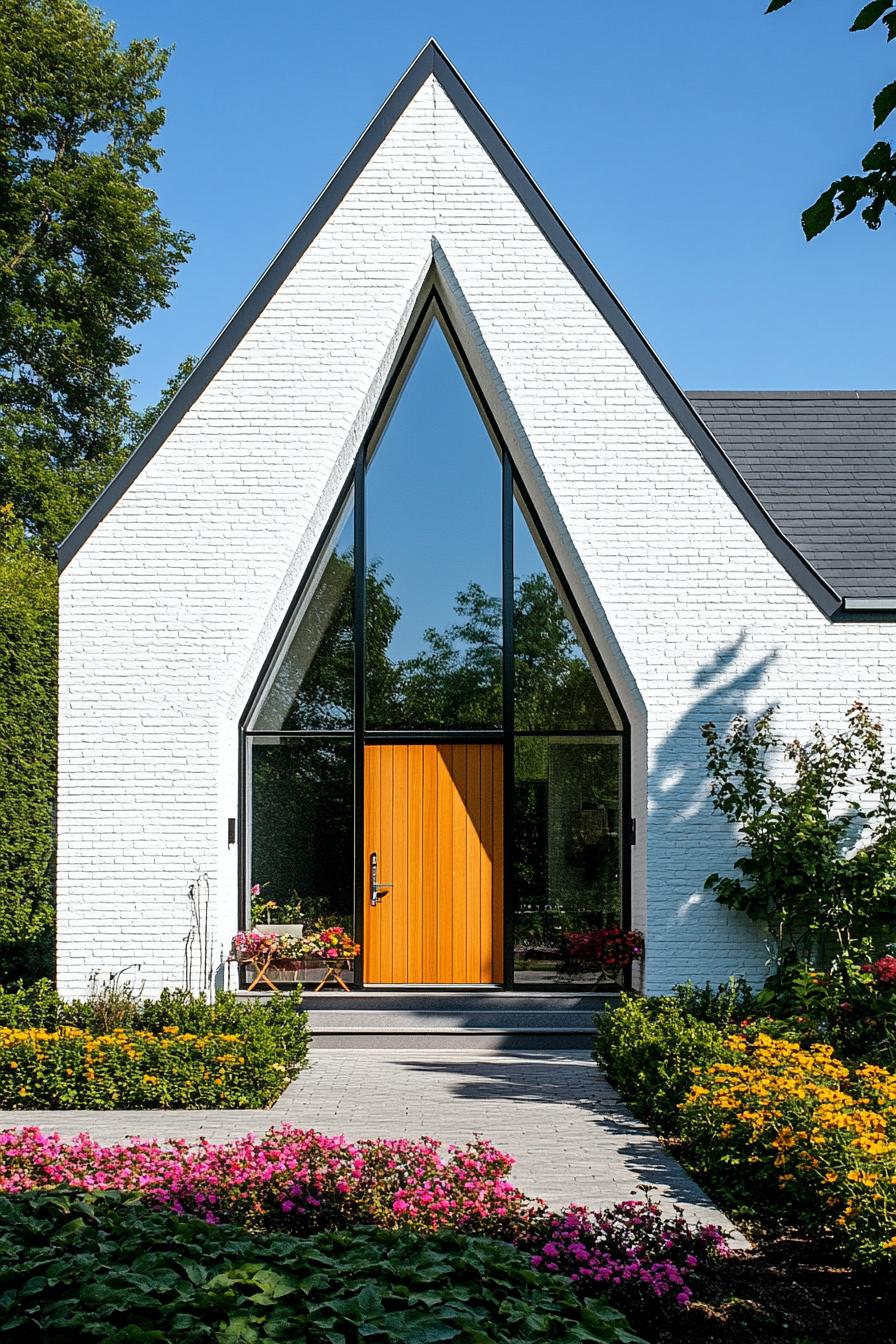 A-frame house with a tall, triangular window and wooden door