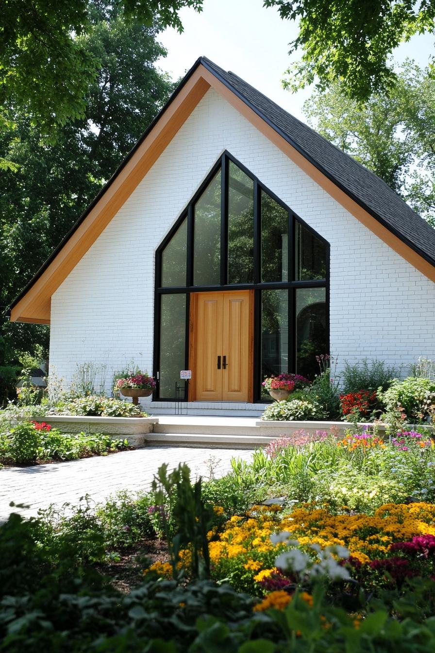 A tall, wooden A-frame home with a beautifully landscaped front garden