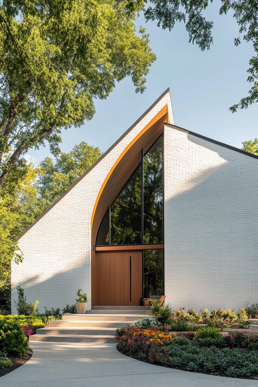 Modern white brick house with a wooden entrance