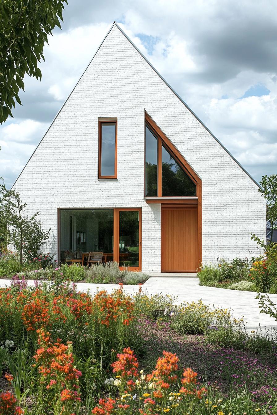 Charming white brick house with a triangular roof and lush garden