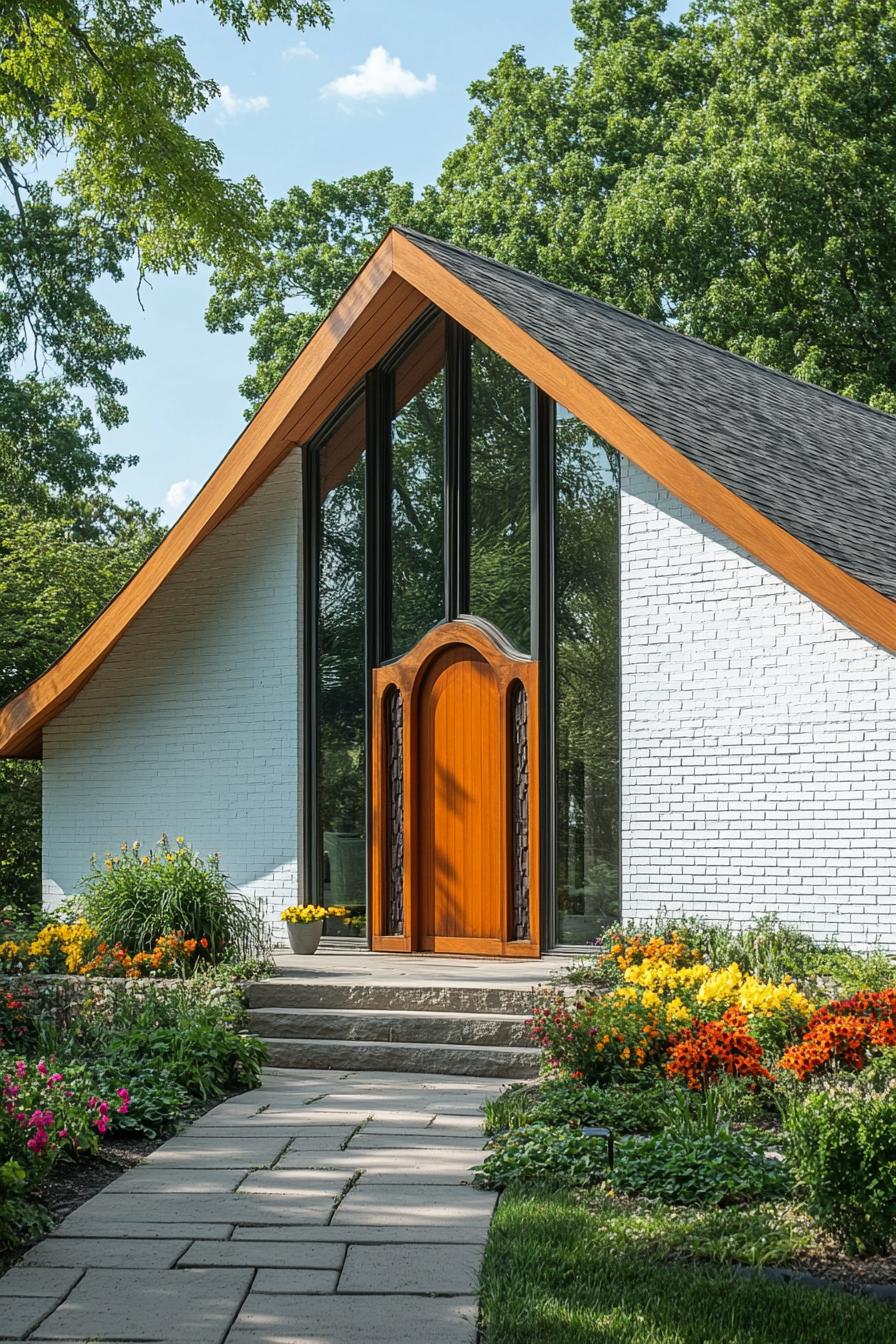 Cozy A-frame house with large wooden door and lush garden