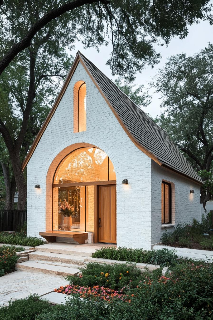 A white brick house with a steep roof and warm windows