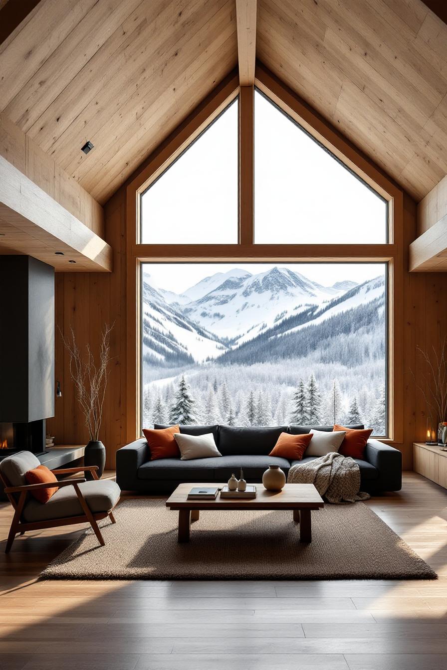 Spacious modern cabin interior with large window and mountain view