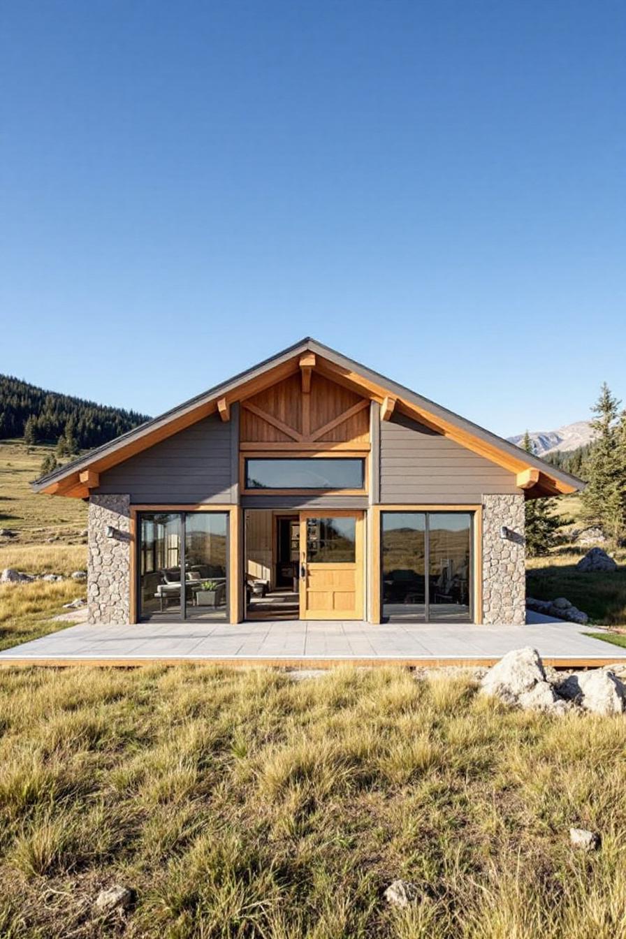 Cozy cabin with a stone facade and large windows