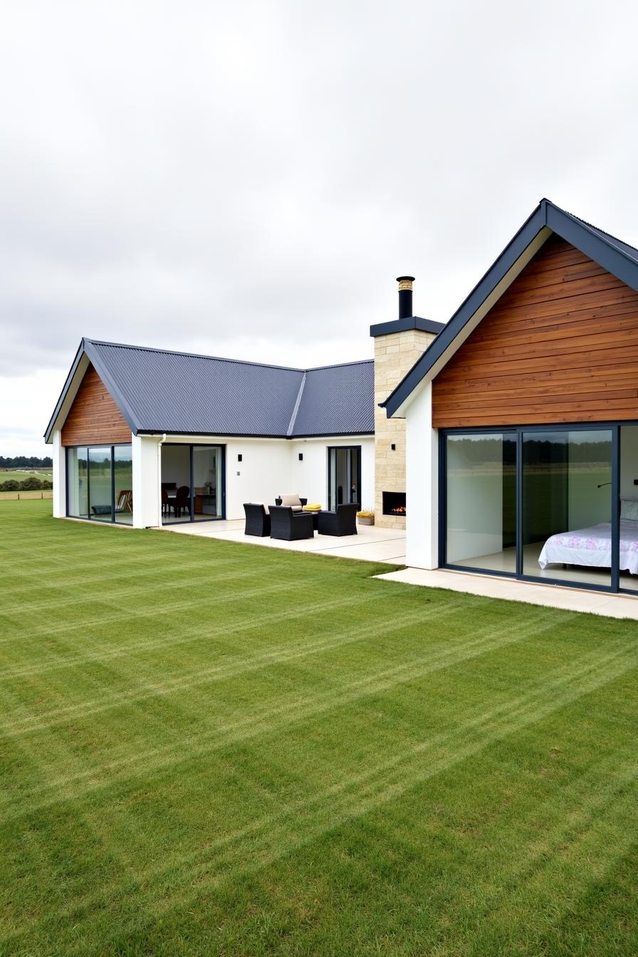 Modern ranch house with large windows and pristine lawn