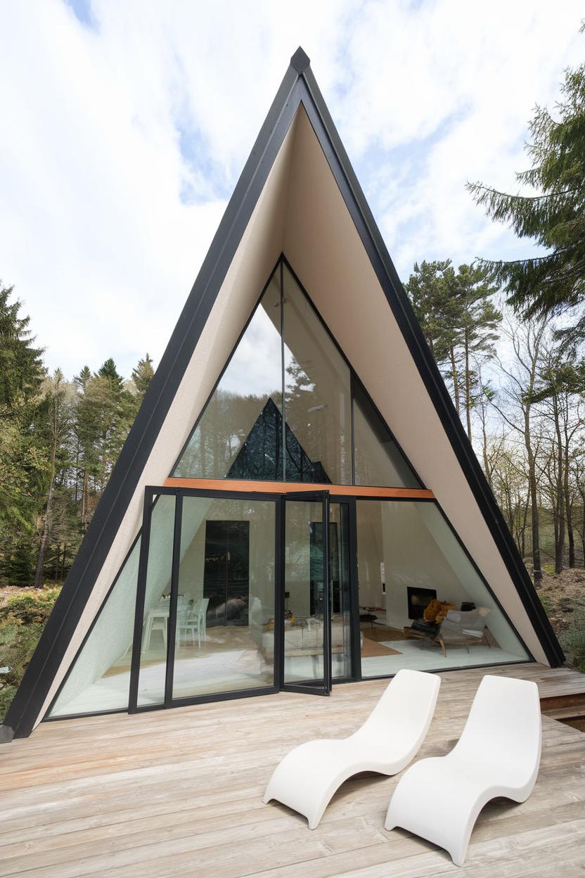 A-frame house with glass facade and deck