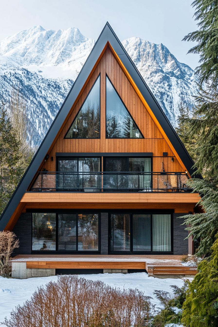 A-frame house with snowy mountains in the background