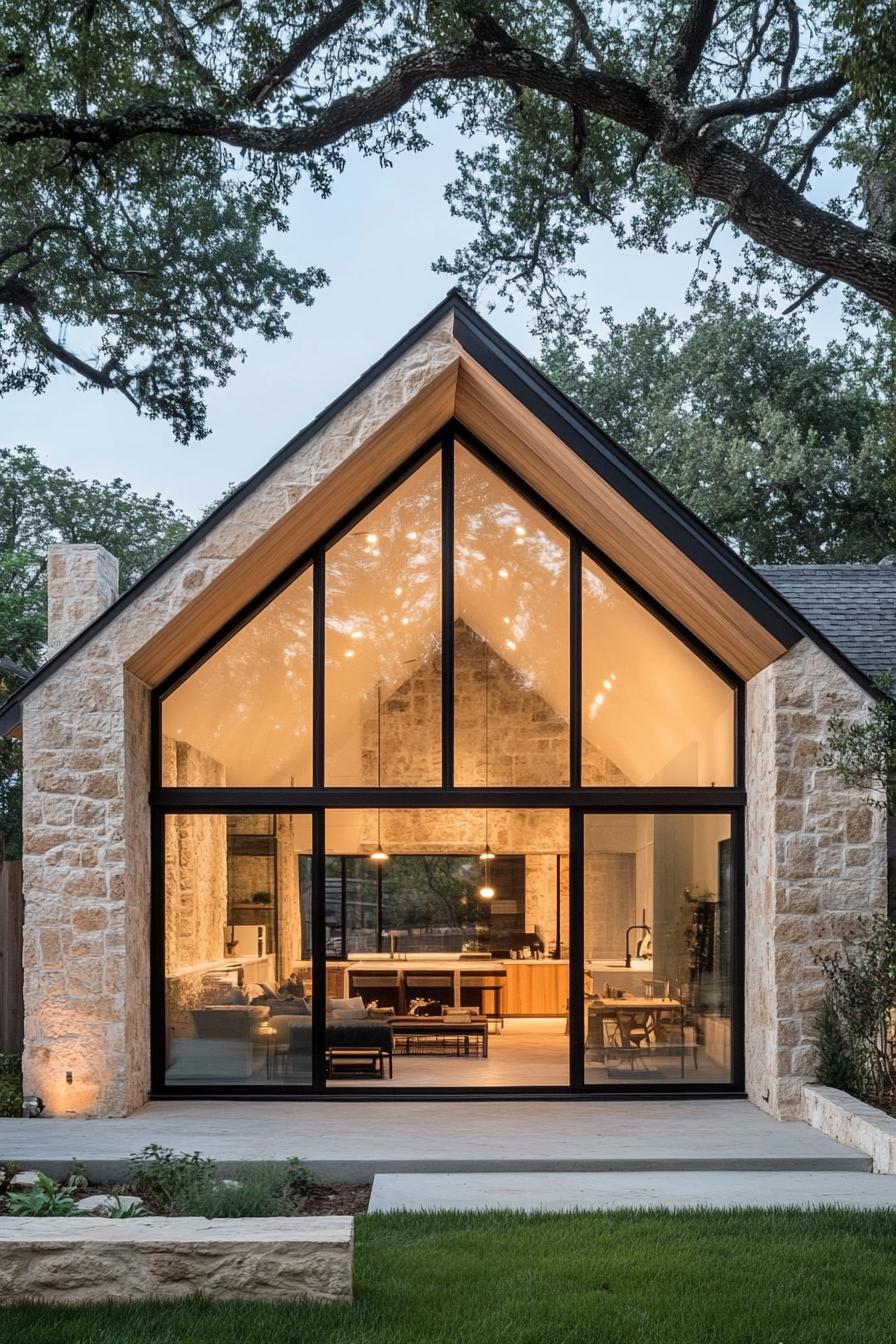 Modern stone cottage with large glass façade and warm lighting