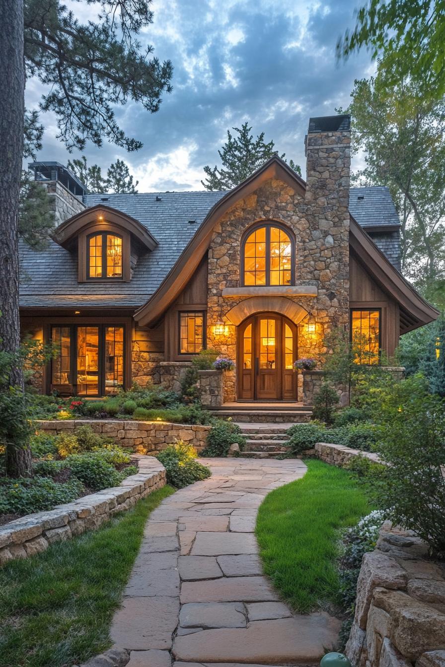 Cozy stone cottage glowing warmly at dusk