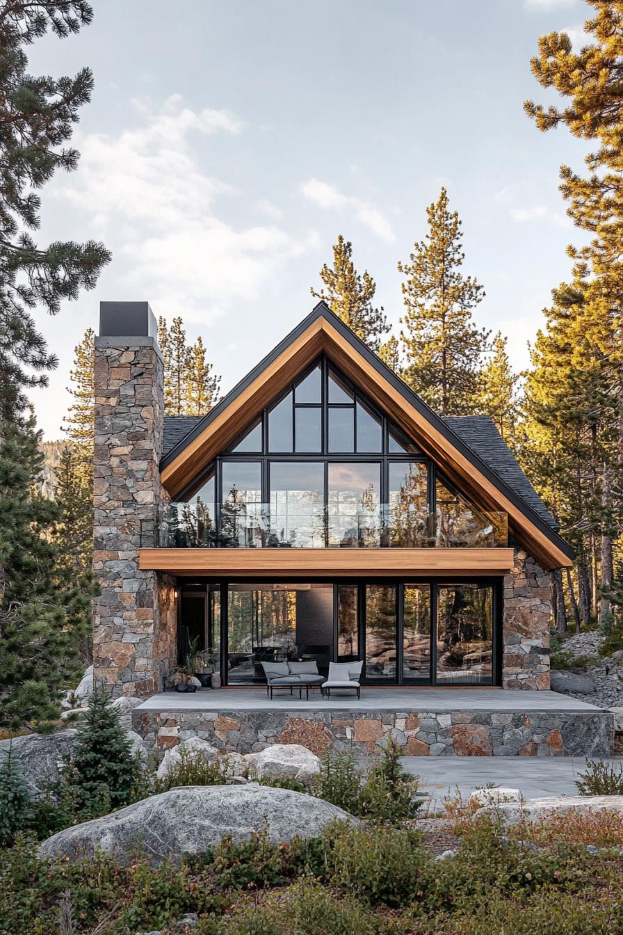 Modern stone and glass cottage nestled in trees