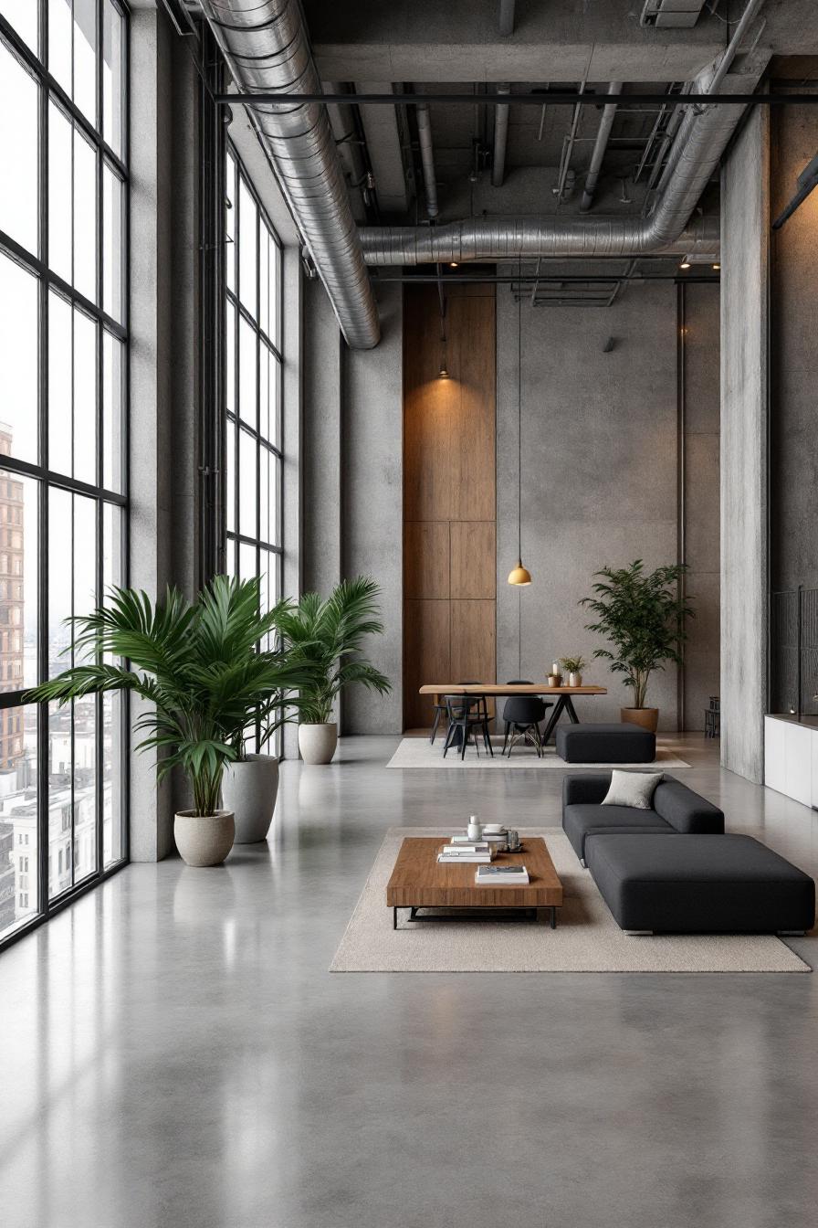 Sleek warehouse loft with large windows and plants