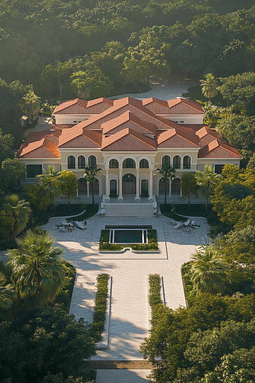 Luxurious mansion surrounded by lush forest