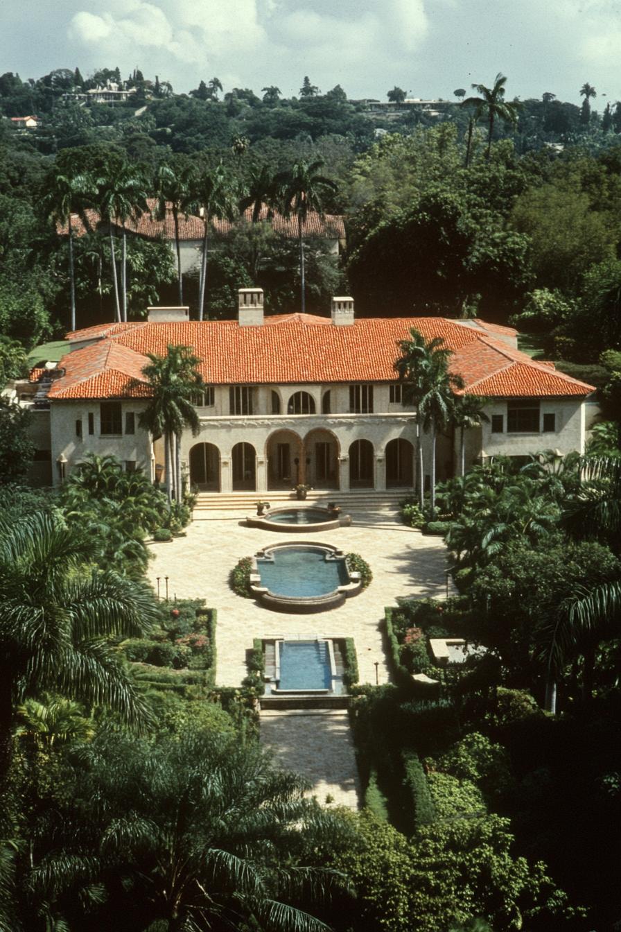 Large mansion surrounded by lush trees, featuring a red-tiled roof and beautiful gardens