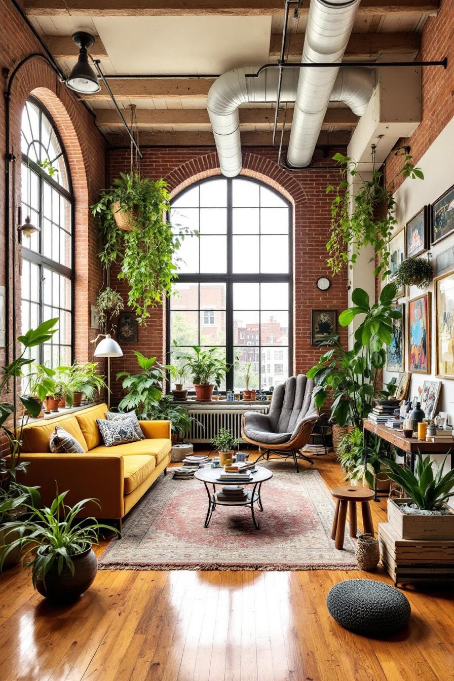 Cozy loft apartment with plants and colorful decor