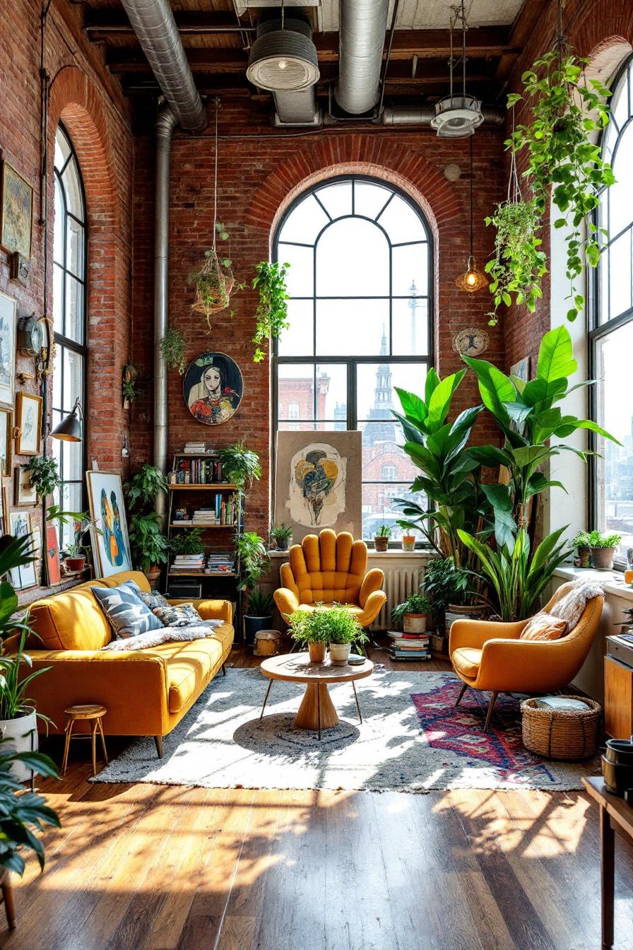 Bright loft with plants, art, and cozy furniture