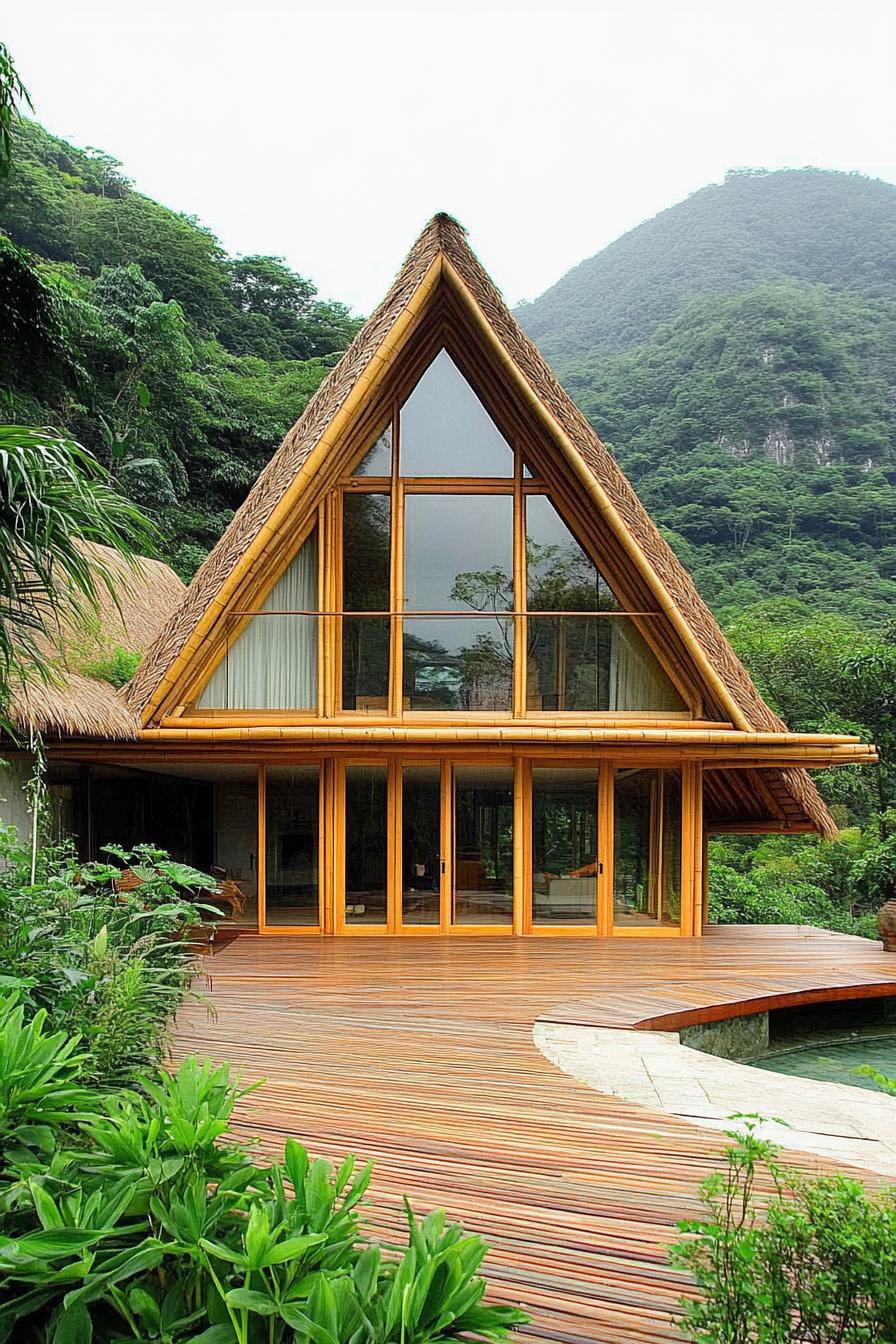 Bamboo house with large windows surrounded by lush greenery