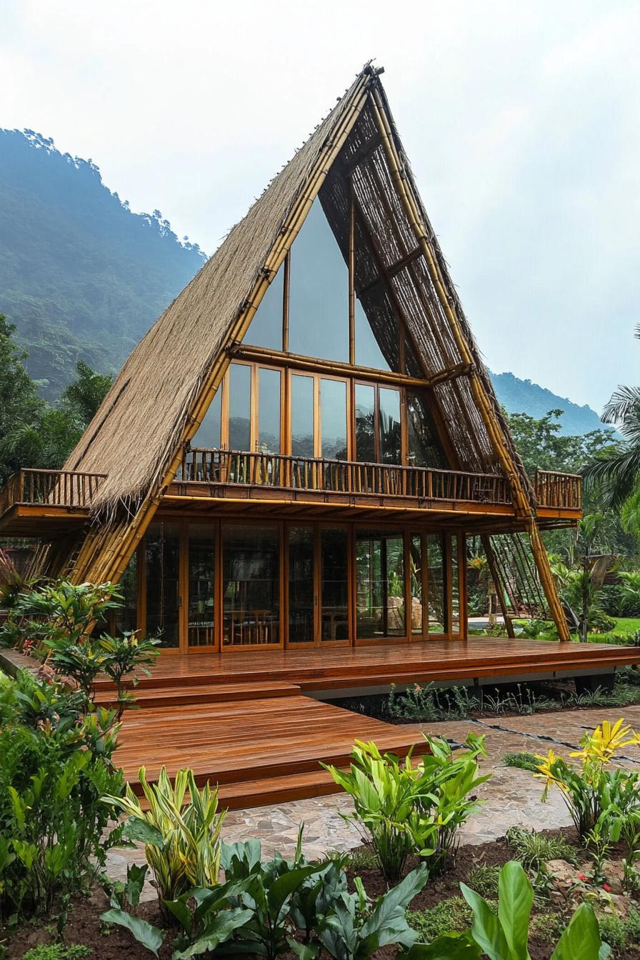 Bamboo house with thatched roof amidst lush surroundings