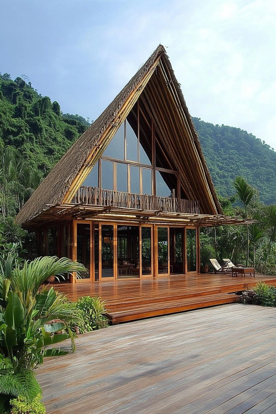 Tropical bamboo house with triangular roof and lush surroundings