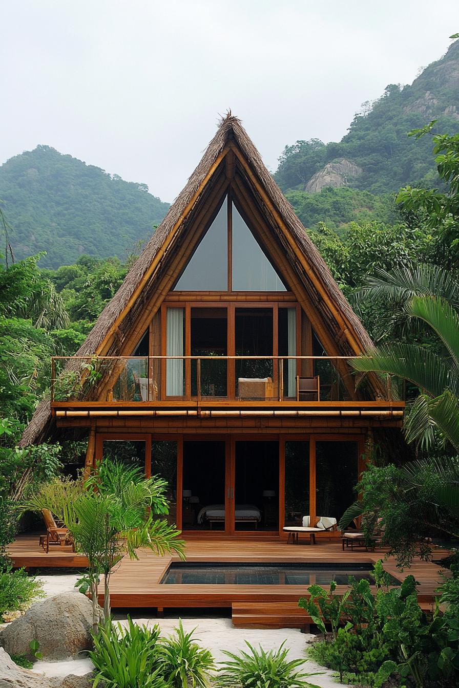 A-frame bamboo house nestled in lush greenery