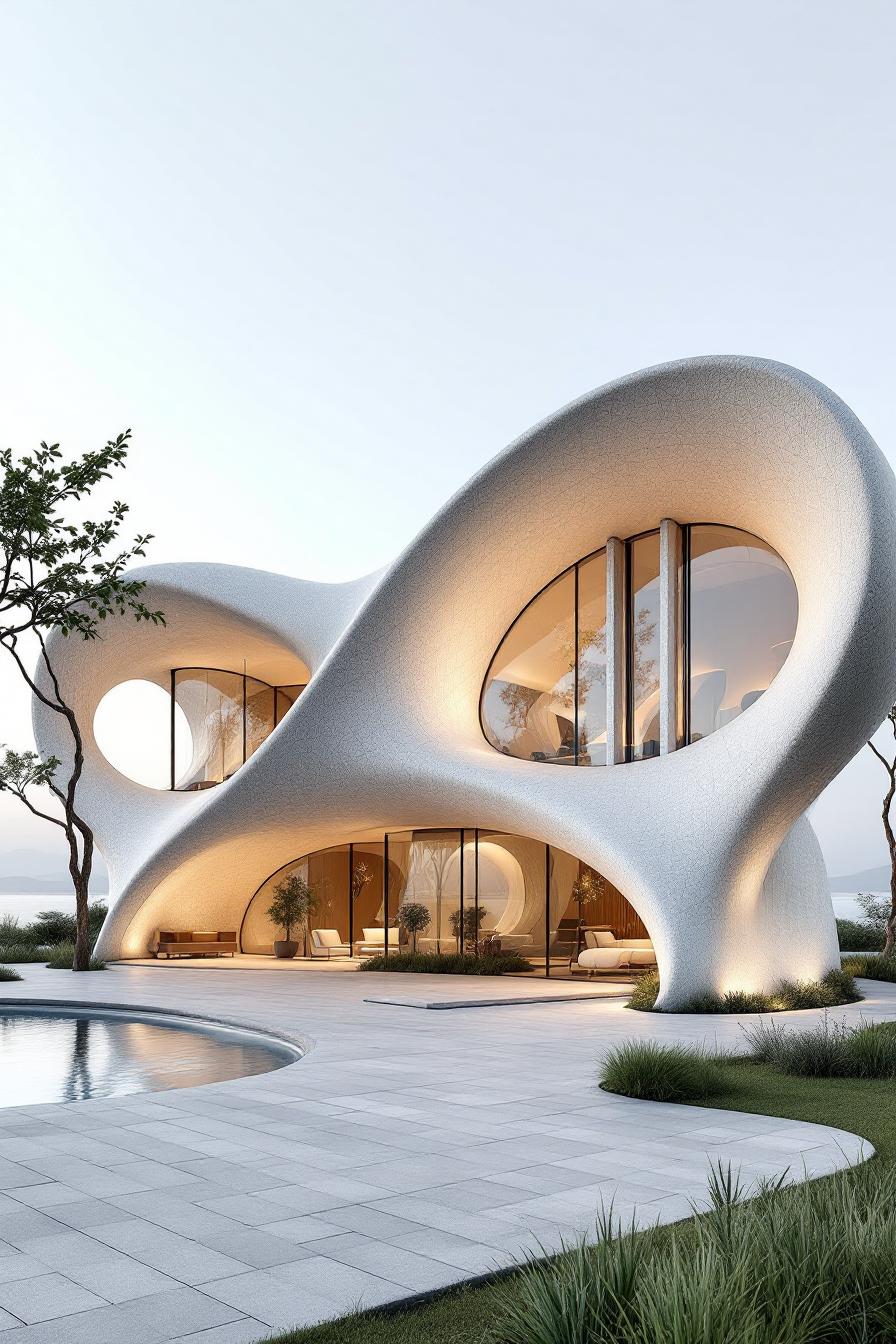 Modern house with curvy white exterior and large oval windows