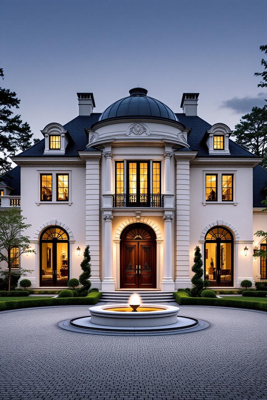 Luxury mansion with fountain at twilight