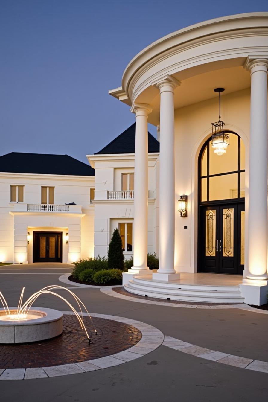 Grand entrance of a modern mansion with tall columns and a decorative fountain