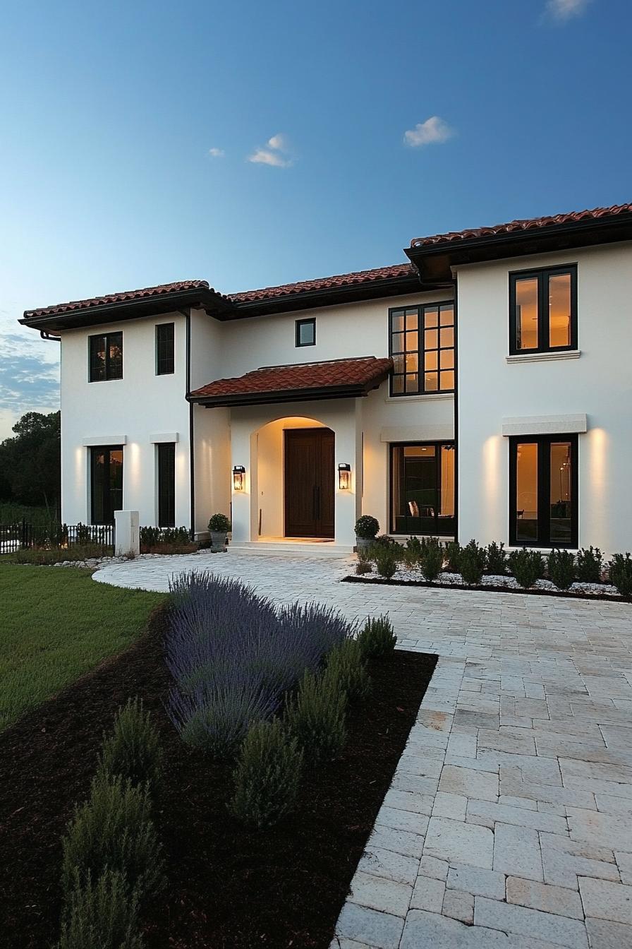 Modern Spanish villa with a stone path and red-tiled roof