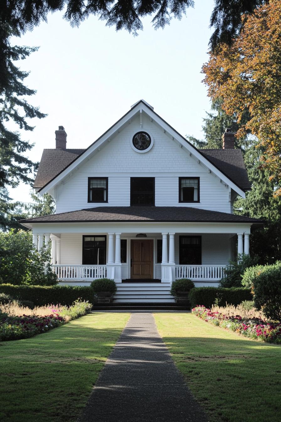 White Craftsman farmhouse with lush gardens