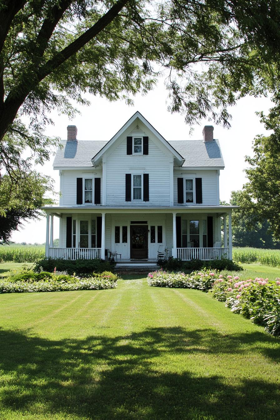 White farmhouse with a charming front porch and lush surroundings