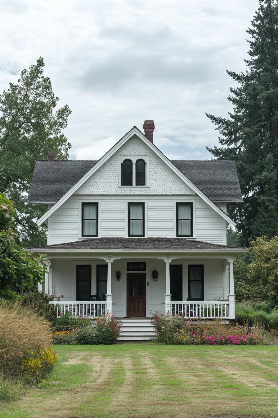 Charming white farmhouse with a wooden porch