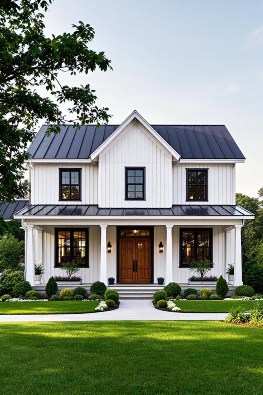 A white Craftsman farmhouse with black accents and a manicured lawn